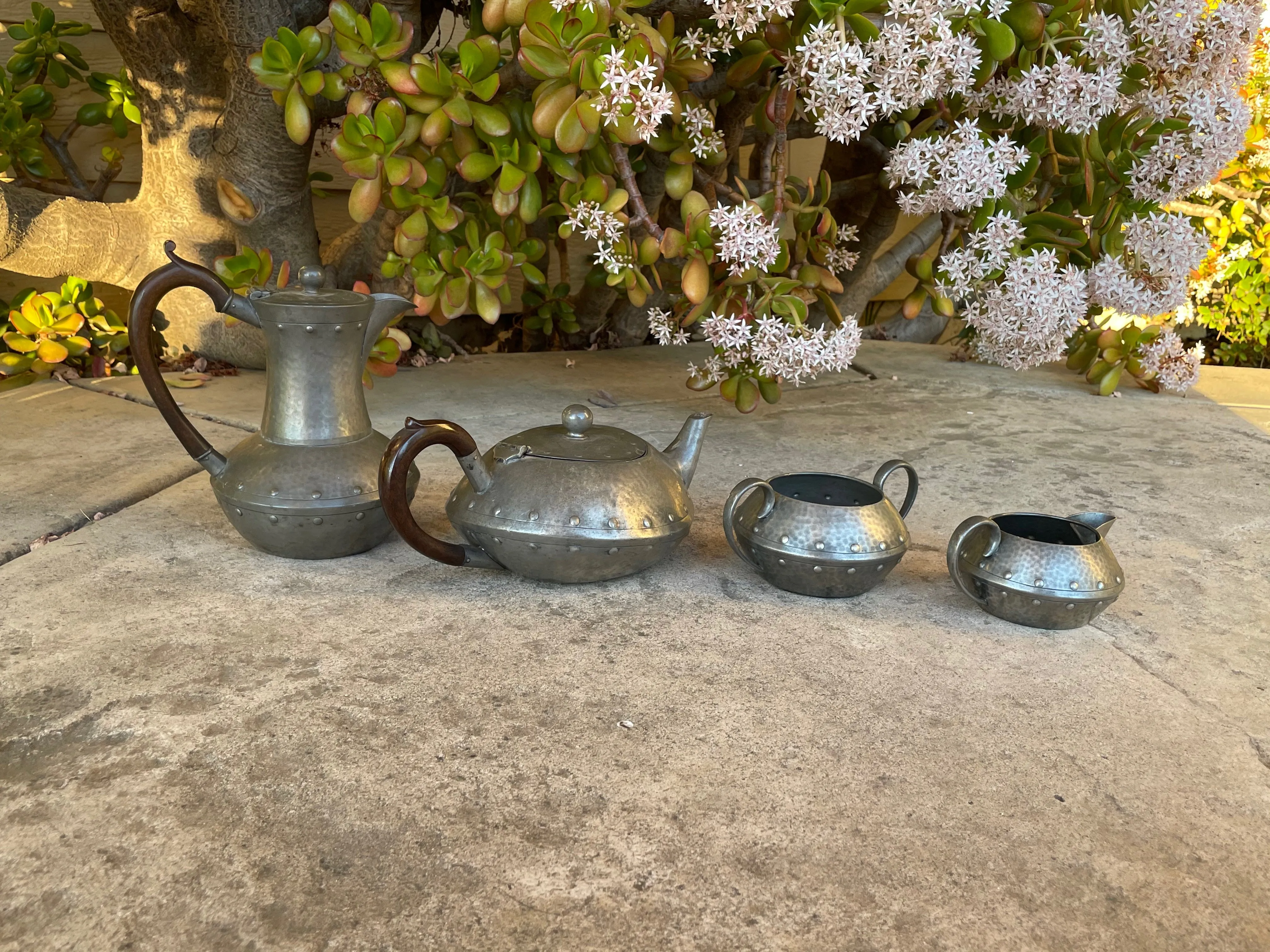 A.M & Co English Pewter Hand Beaten Hammered 4 pc Tea Pot Cream Sugar Pitcher