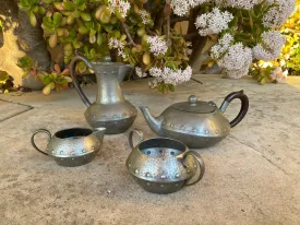 A.M & Co English Pewter Hand Beaten Hammered 4 pc Tea Pot Cream Sugar Pitcher