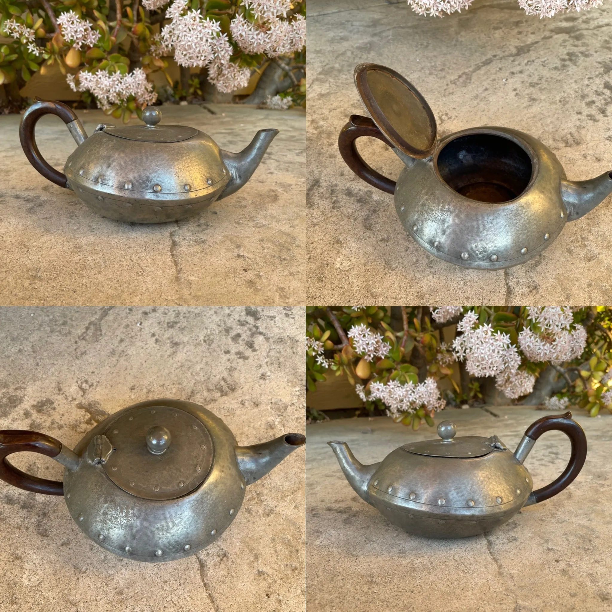 A.M & Co English Pewter Hand Beaten Hammered 4 pc Tea Pot Cream Sugar Pitcher