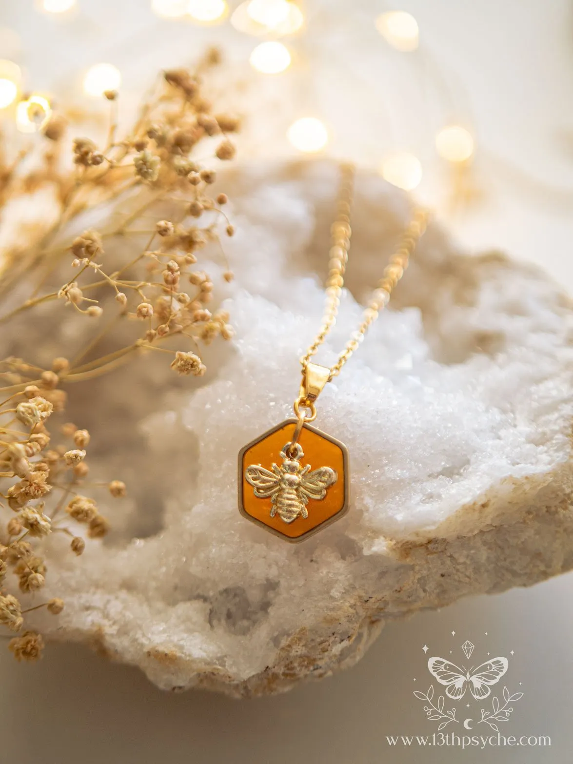 Amber hexagon and bee pendant necklace