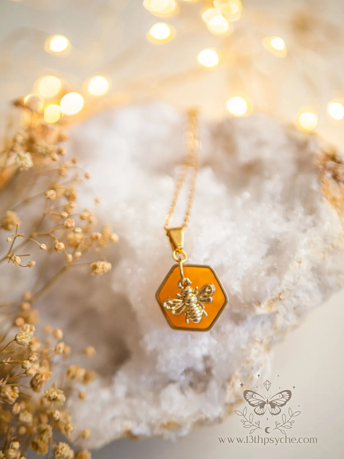 Amber hexagon and bee pendant necklace