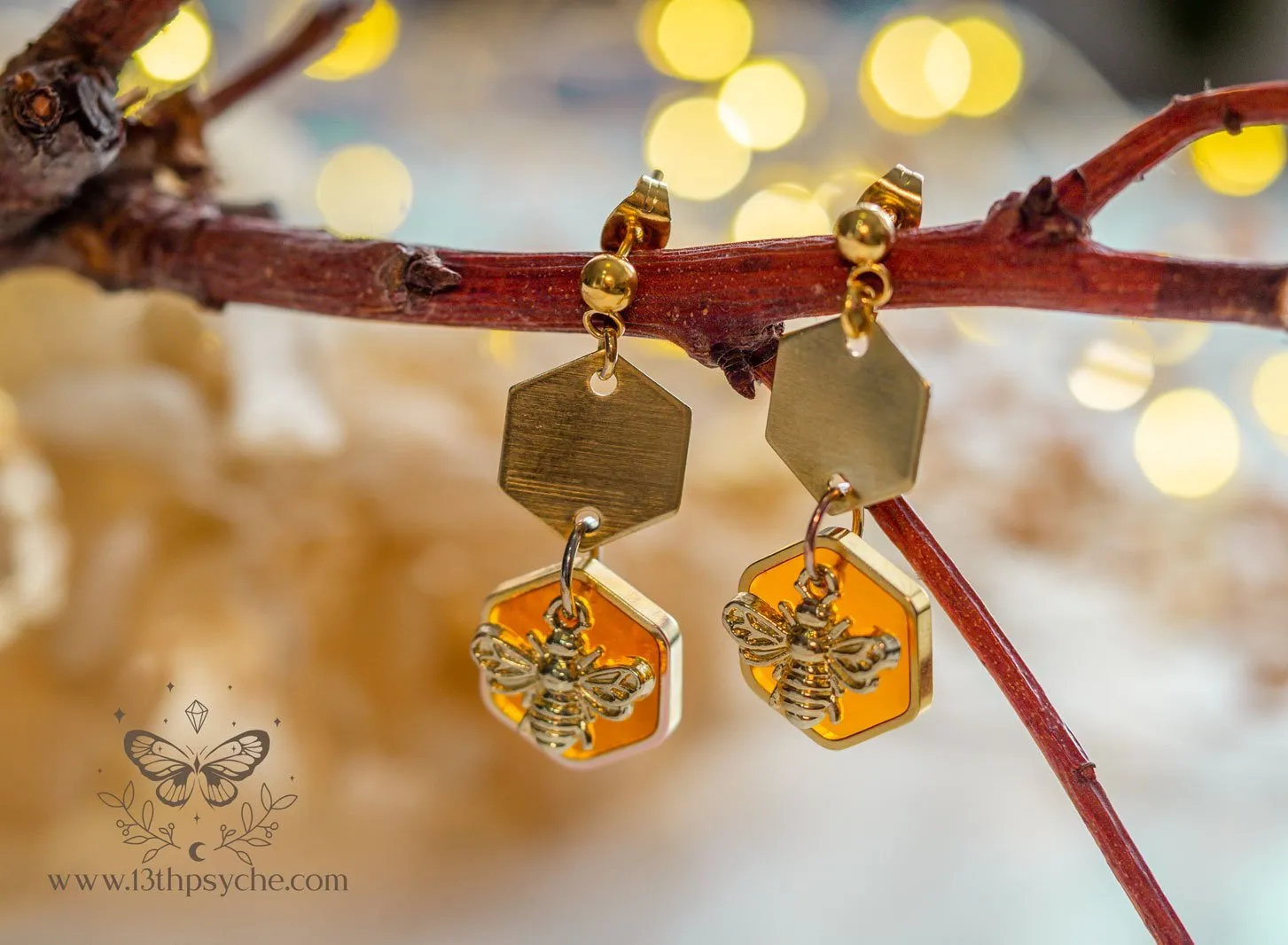 Amber hexagon and bees earrings and necklace set