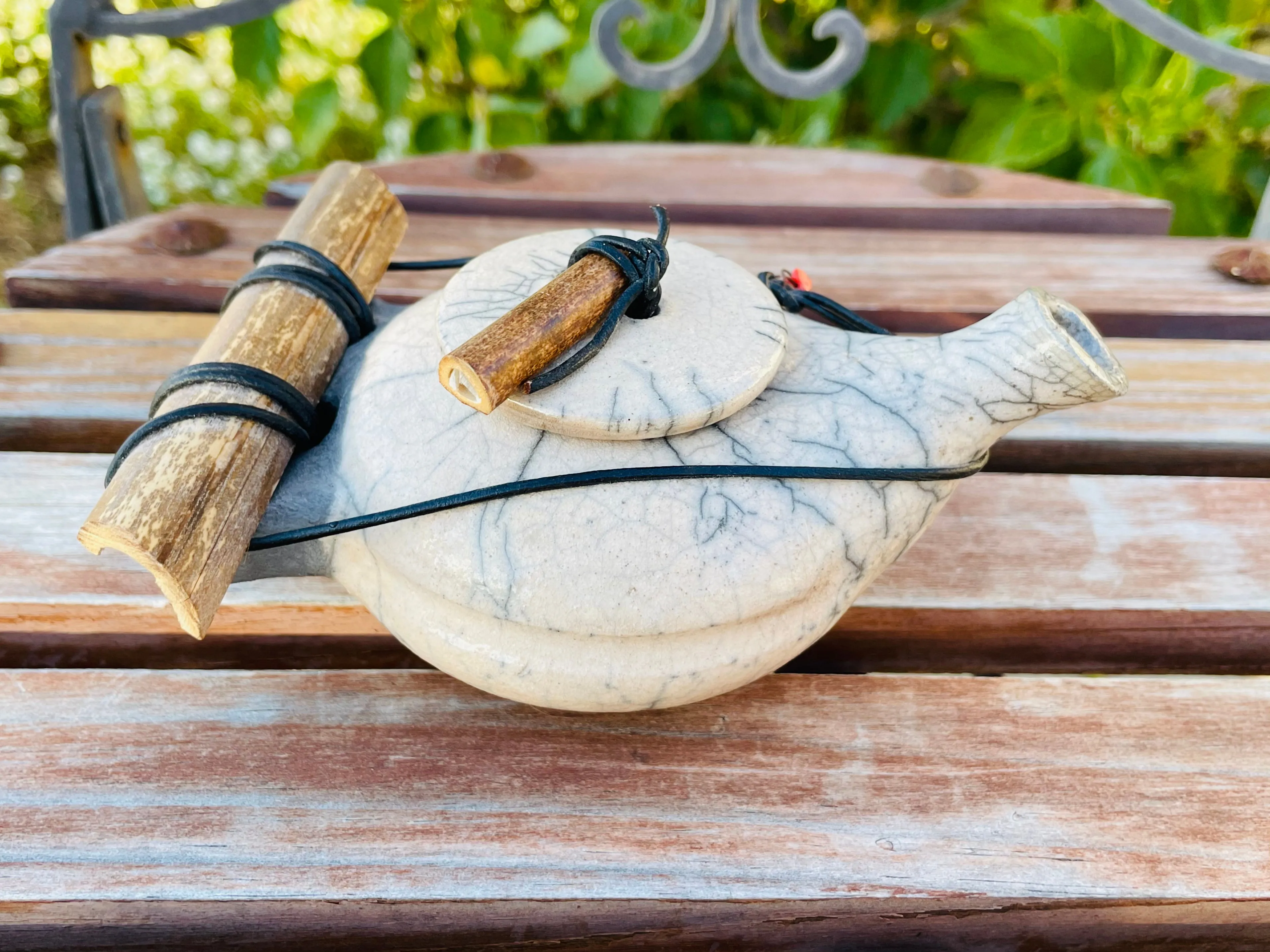 Antique White Crackle Stone Teapot Wood Accent Hand Made Tea Pot Cup Set