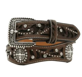 Ariat Women's Brown Scroll Inlay Crystal Embellished Scalloped Belt A1513002