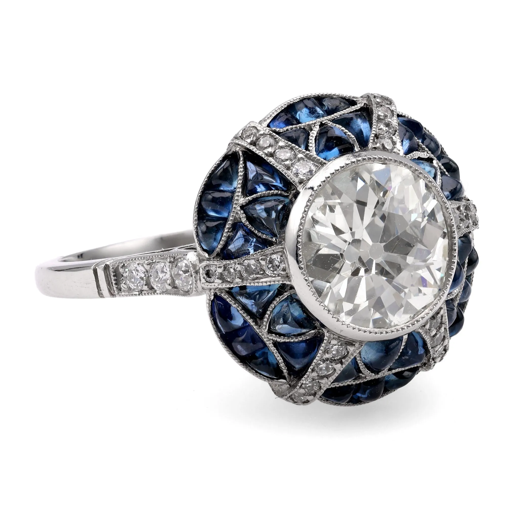 Art Deco Inspired 1.46 Carat Diamond Sapphire Platinum Target Ring