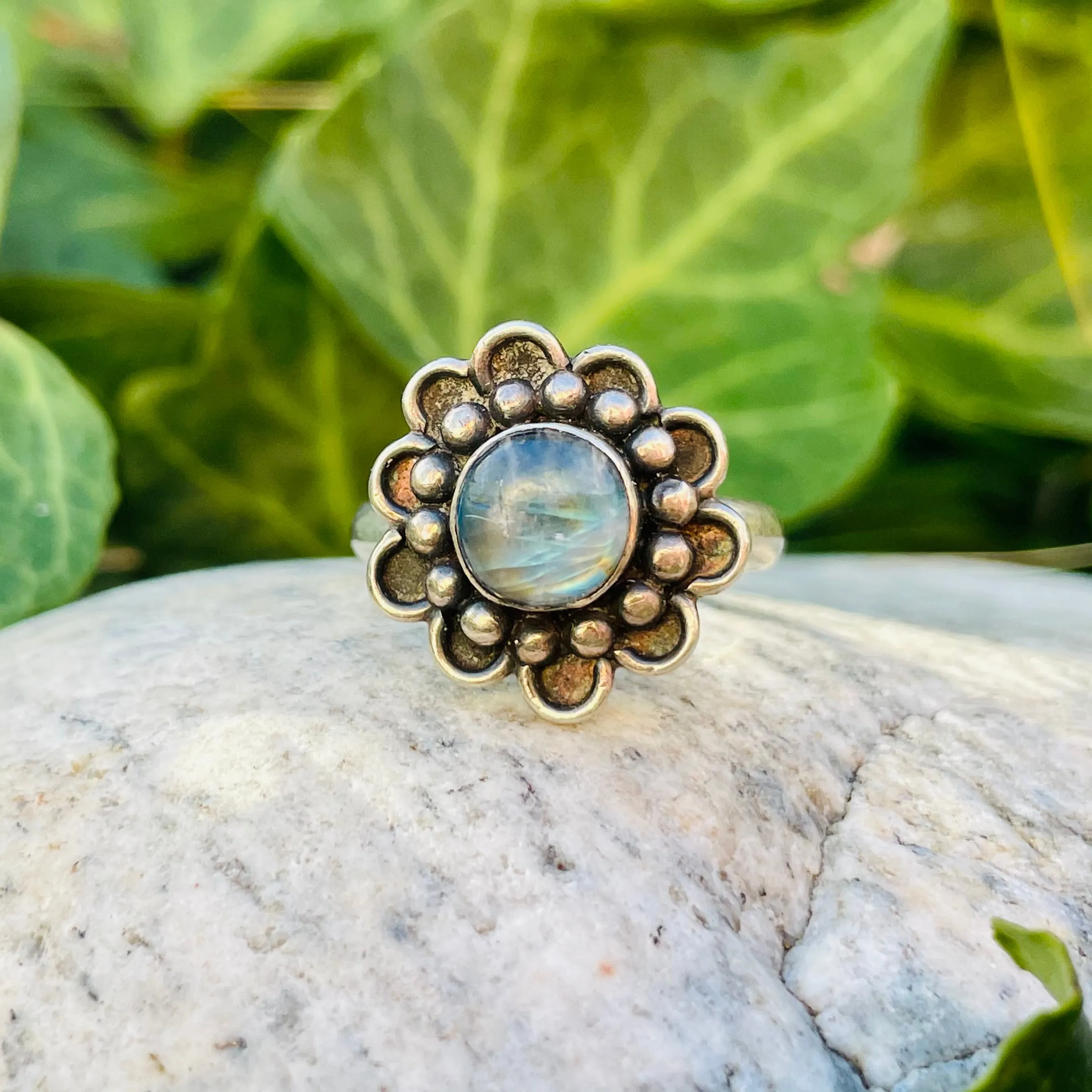 Artisan Sterling Silver 925 Labradorite Moonstone Flower Floral Ring Size 7