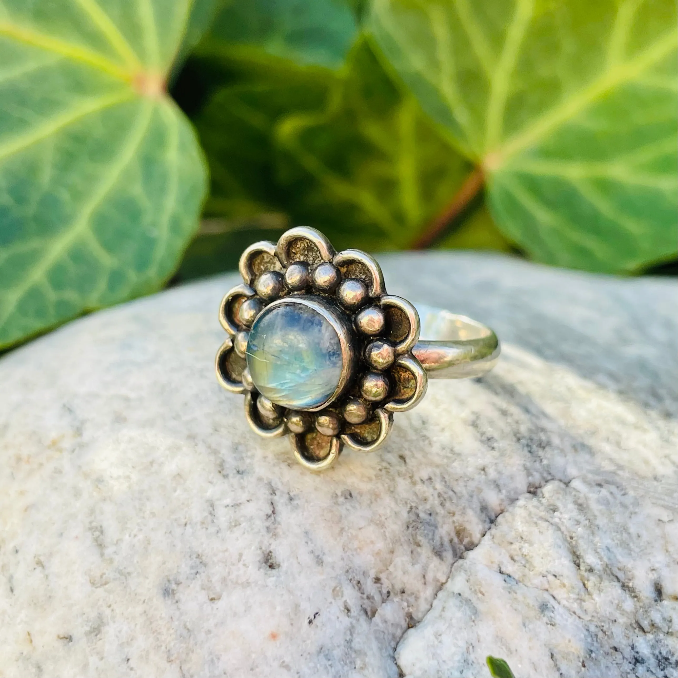 Artisan Sterling Silver 925 Labradorite Moonstone Flower Floral Ring Size 7