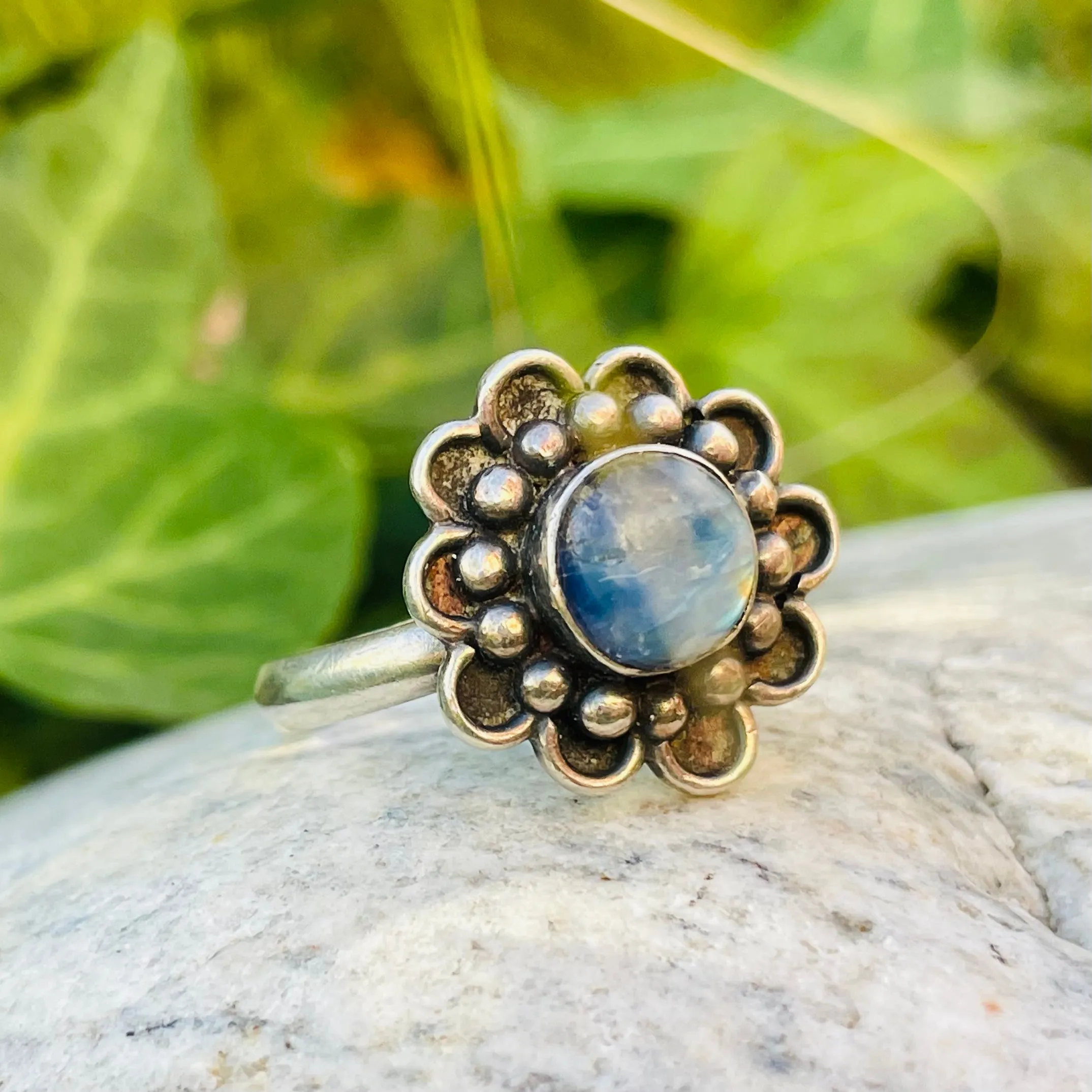 Artisan Sterling Silver 925 Labradorite Moonstone Flower Floral Ring Size 7