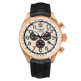 Aviator Black Leather Ivory Dial Chronograph Swiss Made  Men's Watch - V22521734