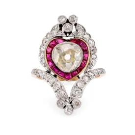 Belle Époque Style  2.12 Carat Diamond Ruby 18K Yellow Gold Cocktail Ring