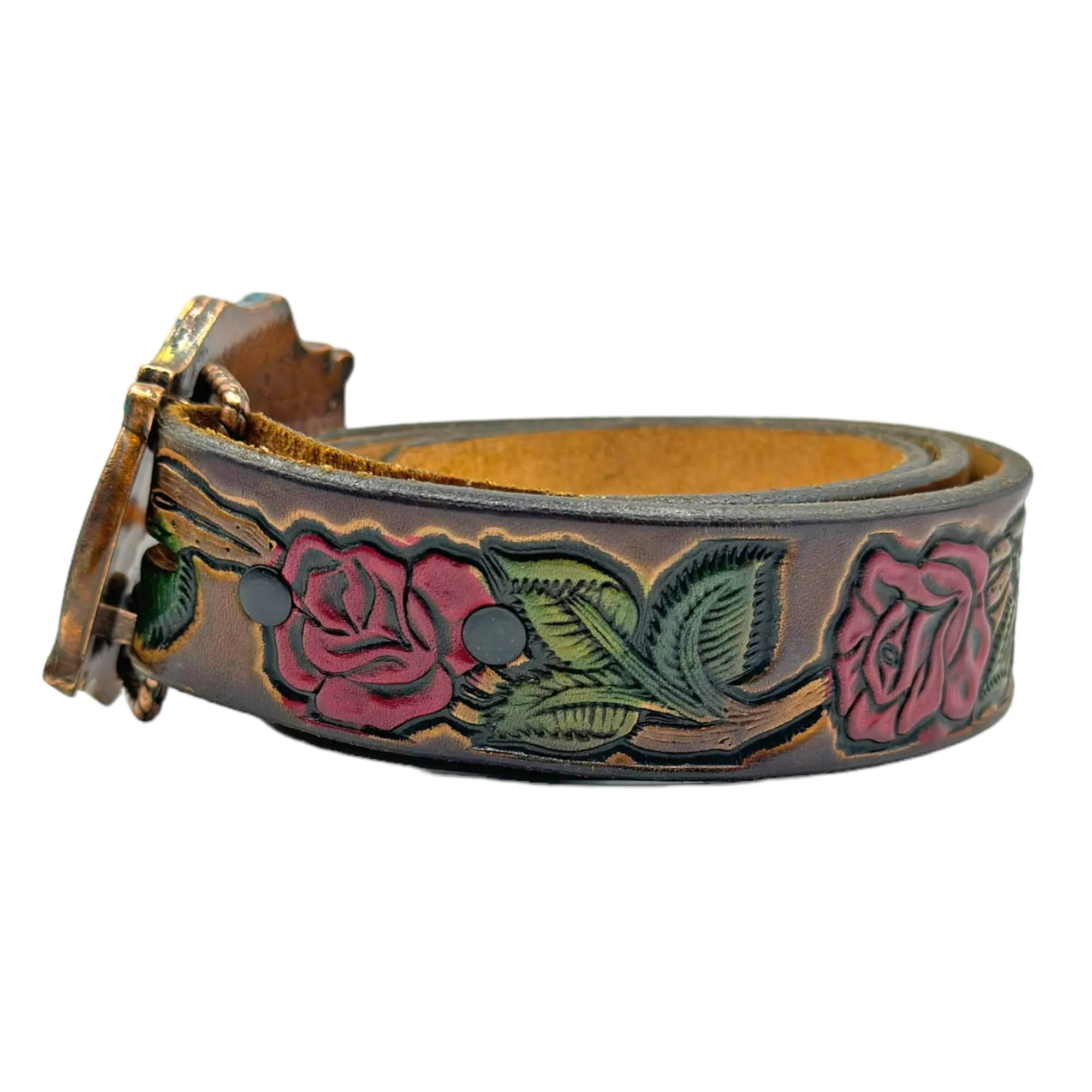 BELT Handmade Leather with Embossed Rose Design and Ornate "White Orchid" Buckle - Brown, Red & Green