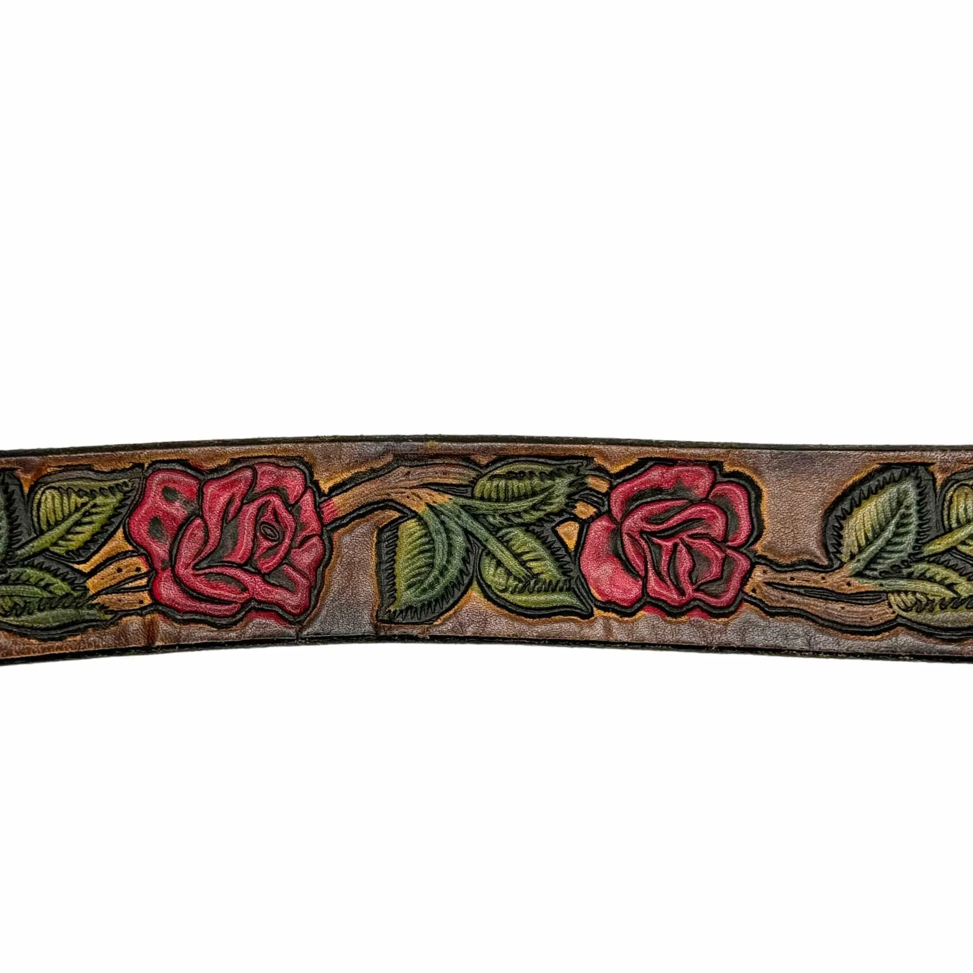 BELT Handmade Leather with Embossed Rose Design and Ornate "White Orchid" Buckle - Brown, Red & Green