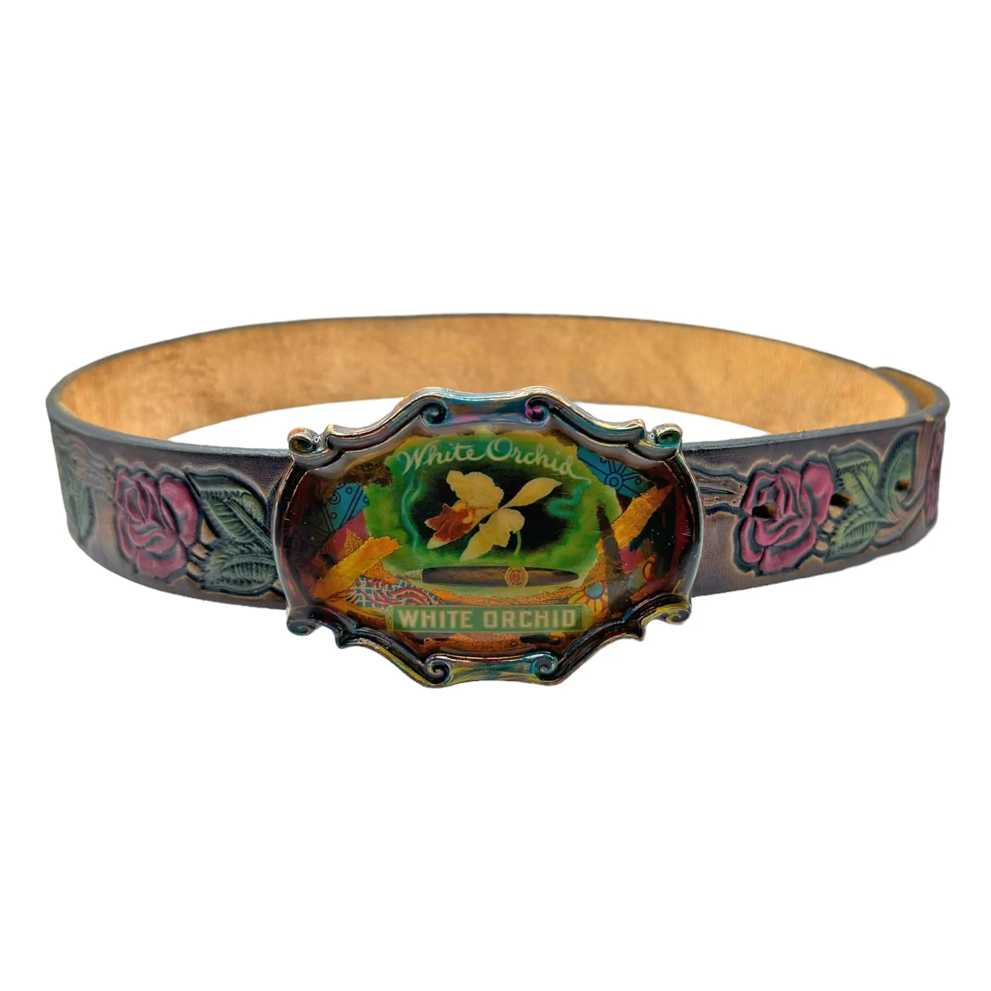 BELT Handmade Leather with Embossed Rose Design and Ornate "White Orchid" Buckle - Brown, Red & Green