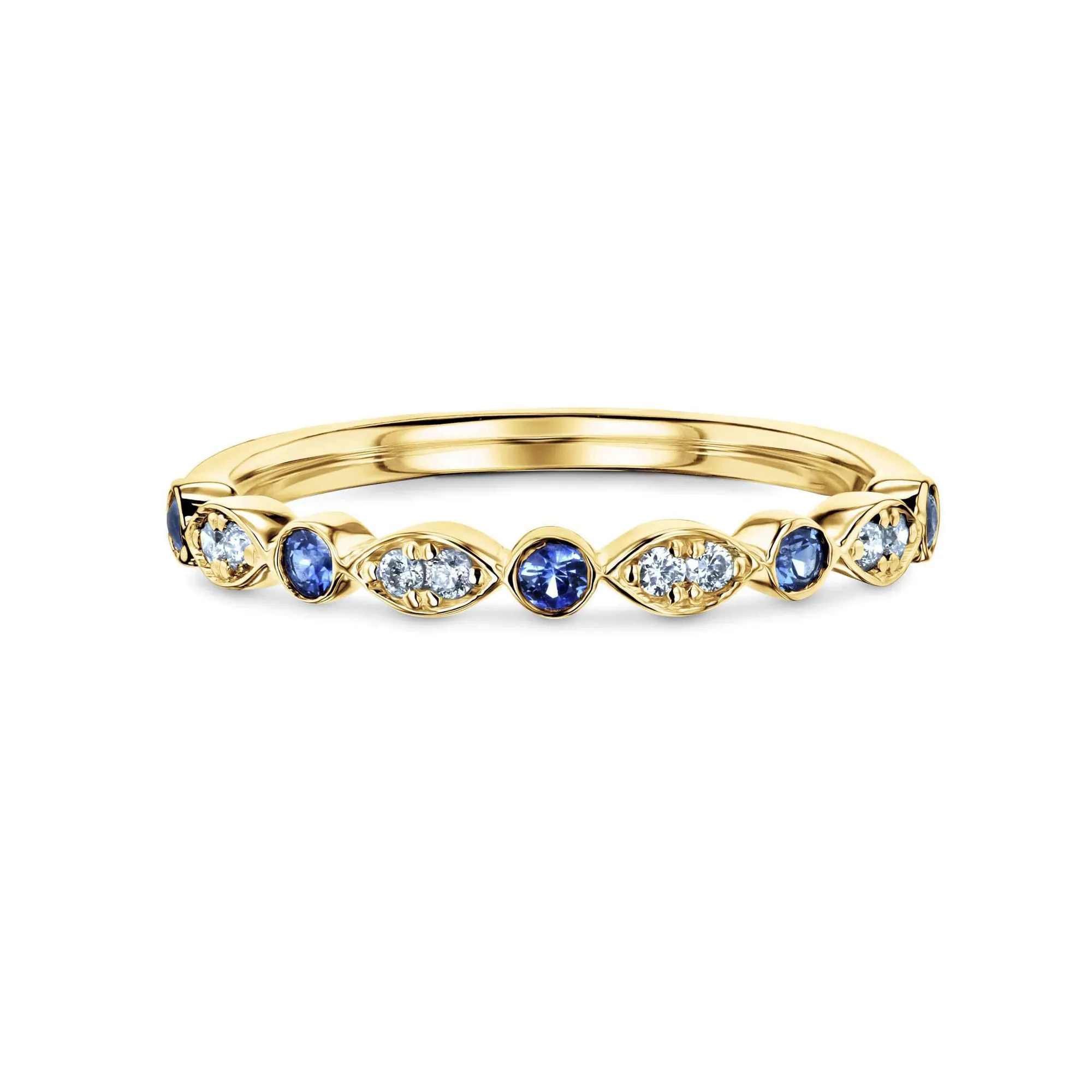 Bezel Sapphire Pave Diamond Patterned Gold Band