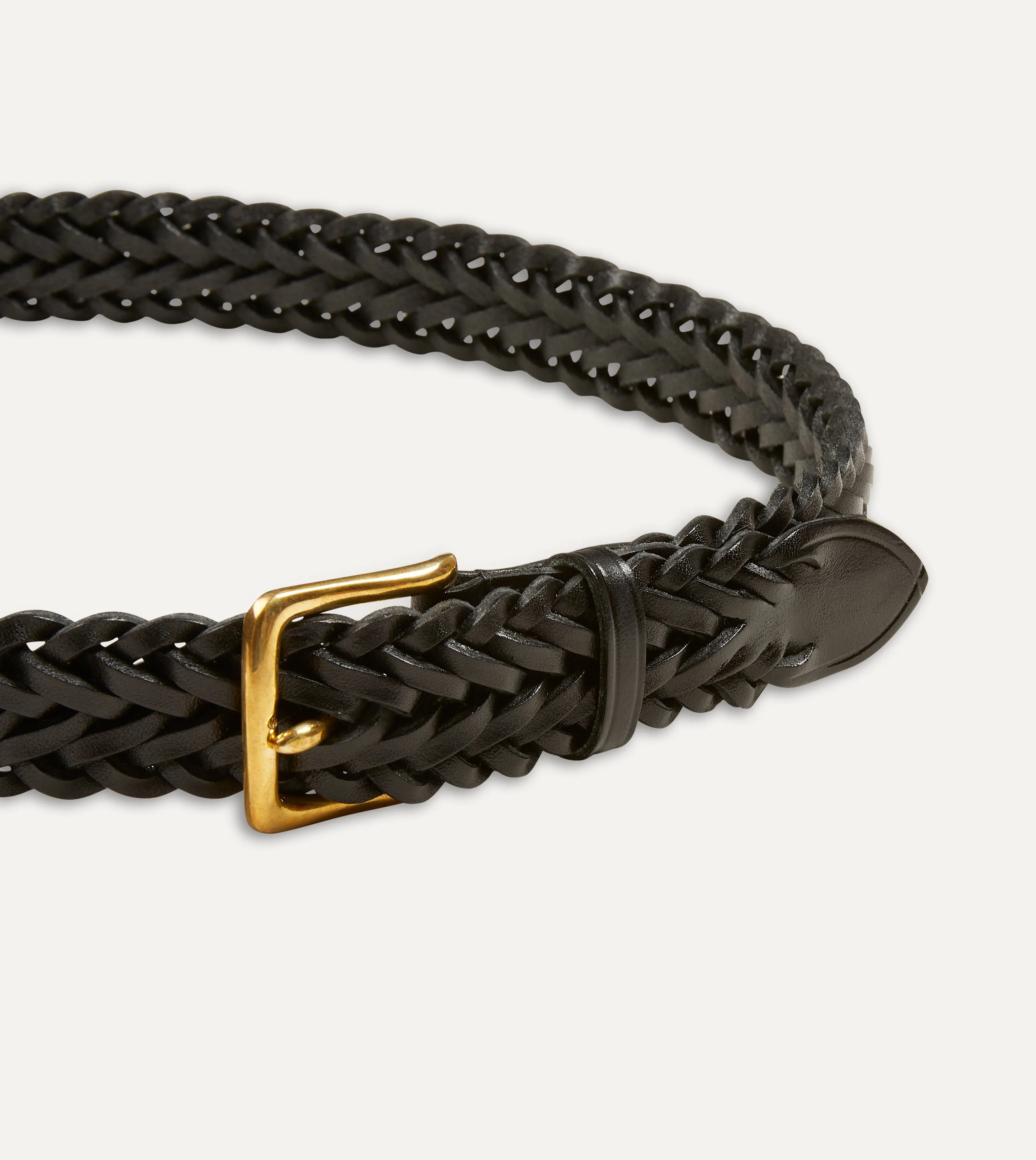 Black Plaited Bridle Leather Belt with Brass Buckle