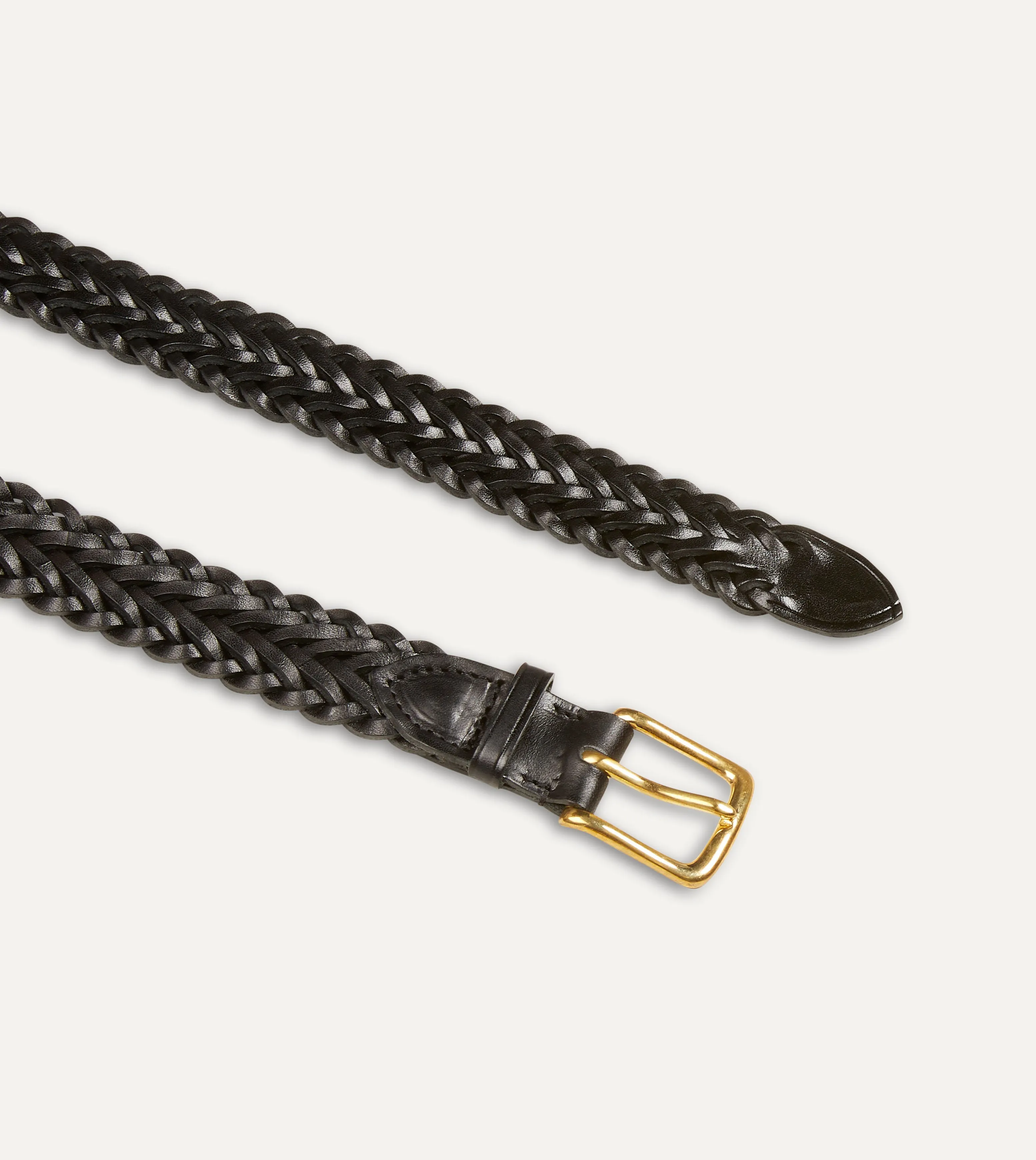 Black Plaited Bridle Leather Belt with Brass Buckle