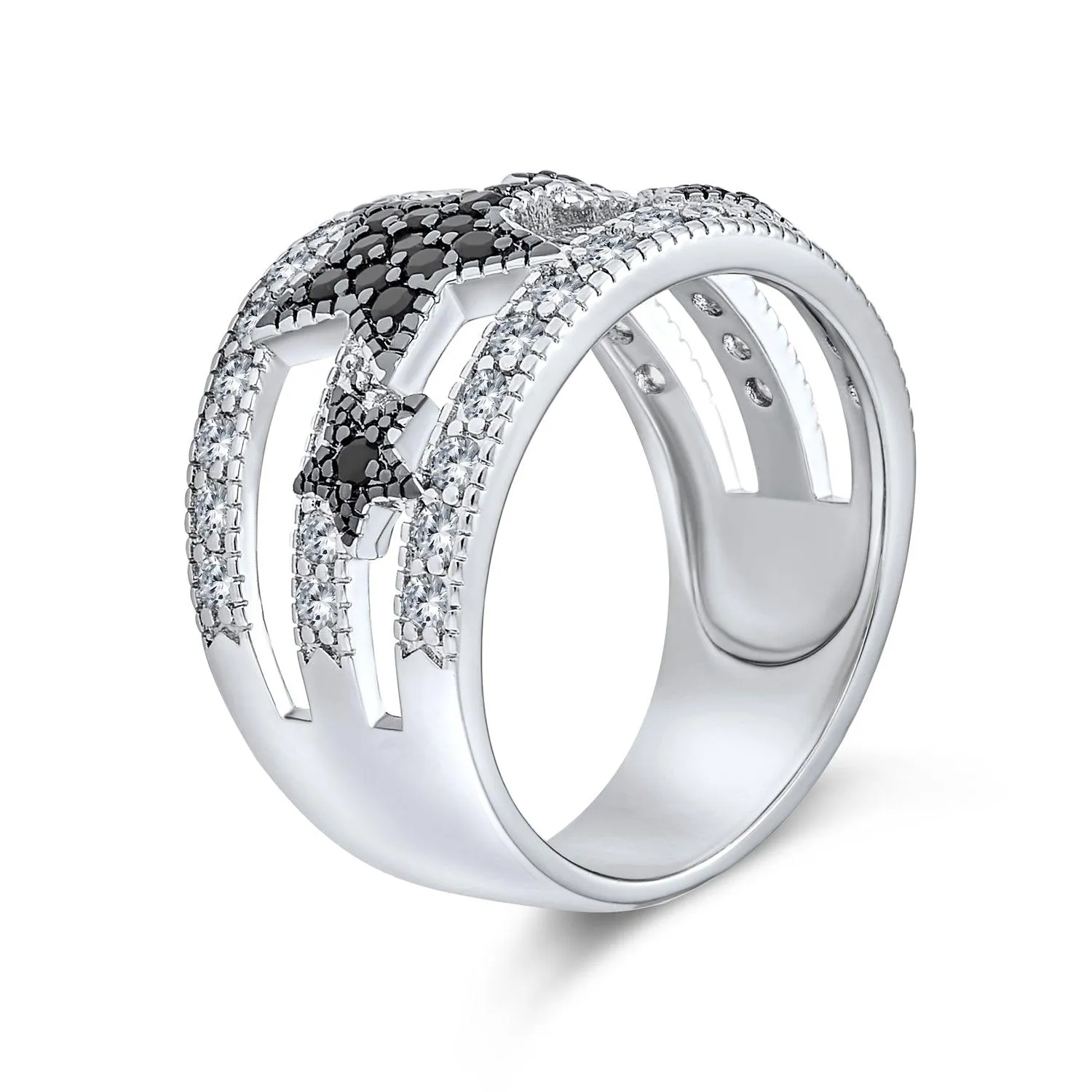 Black White Pave CZ Celestial Moon Star Ring Silver Plated Brass