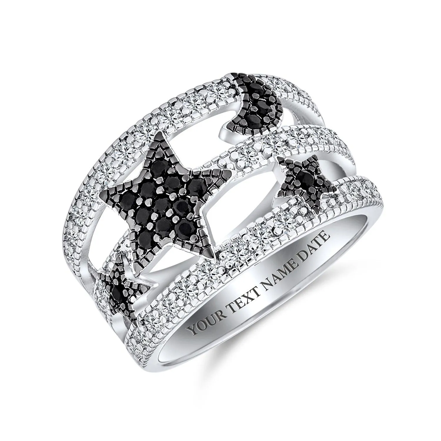 Black White Pave CZ Celestial Moon Star Ring Silver Plated Brass