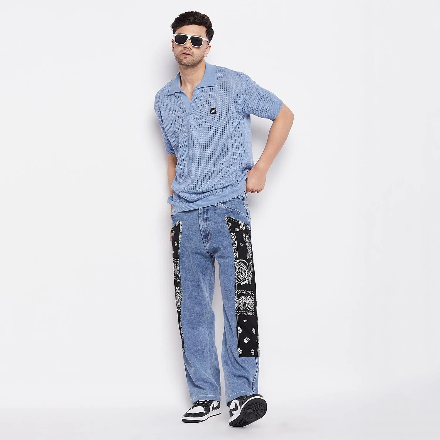 Blue Contrast Paisley Panel Denim