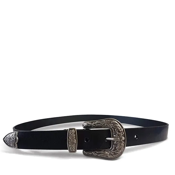 CAMDEN - Black Leather Belt with Floral Western Buckle