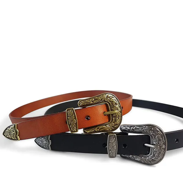 CAMDEN - Black Leather Belt with Floral Western Buckle