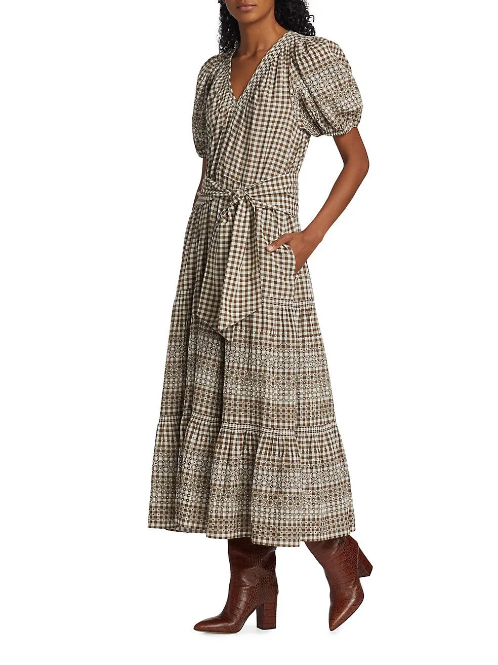 Cross-Stitch Embroidered Dakota Maxi Dress ~ Army and White Gingham