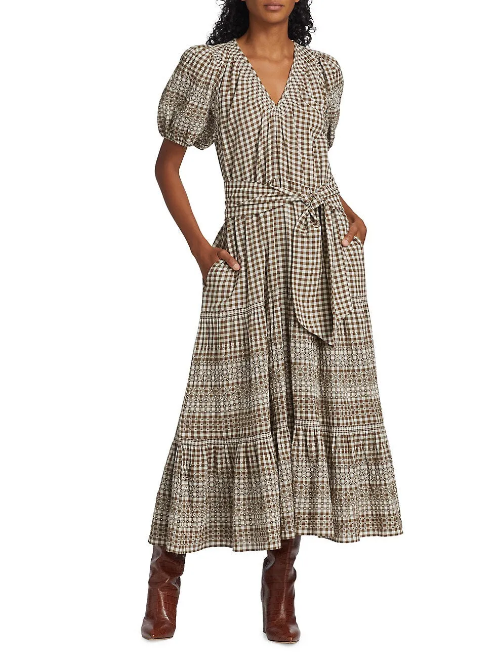 Cross-Stitch Embroidered Dakota Maxi Dress ~ Army and White Gingham