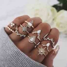 Crystal Stone Geometric Inlaid Gold 10 Piece Midi Rings Set