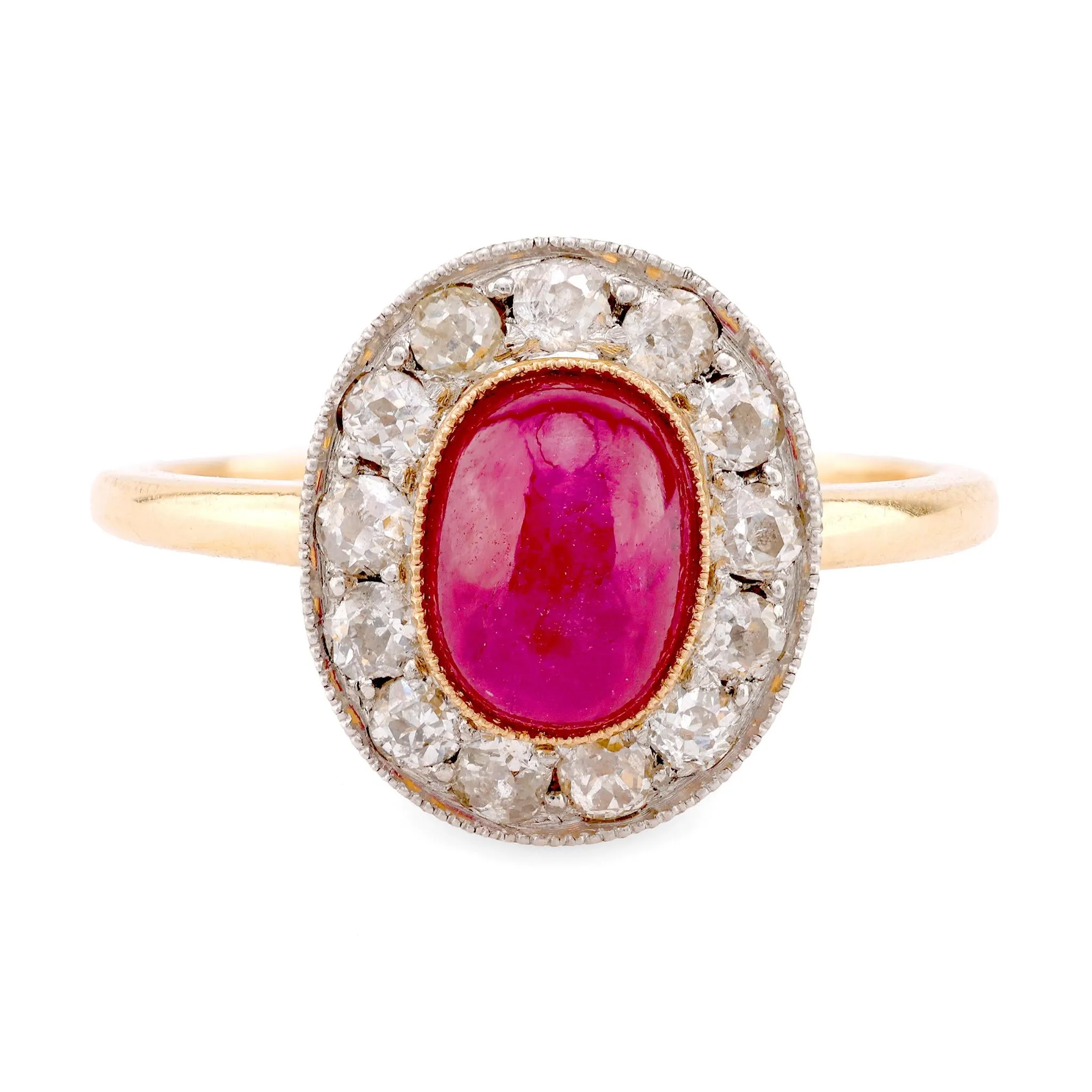 Edwardian Style Ruby Diamond 18K Yellow Gold Cluster Ring