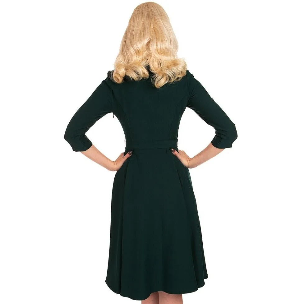 Emerald Green Vintage Belted 3/4 Sleeve Swing Dress