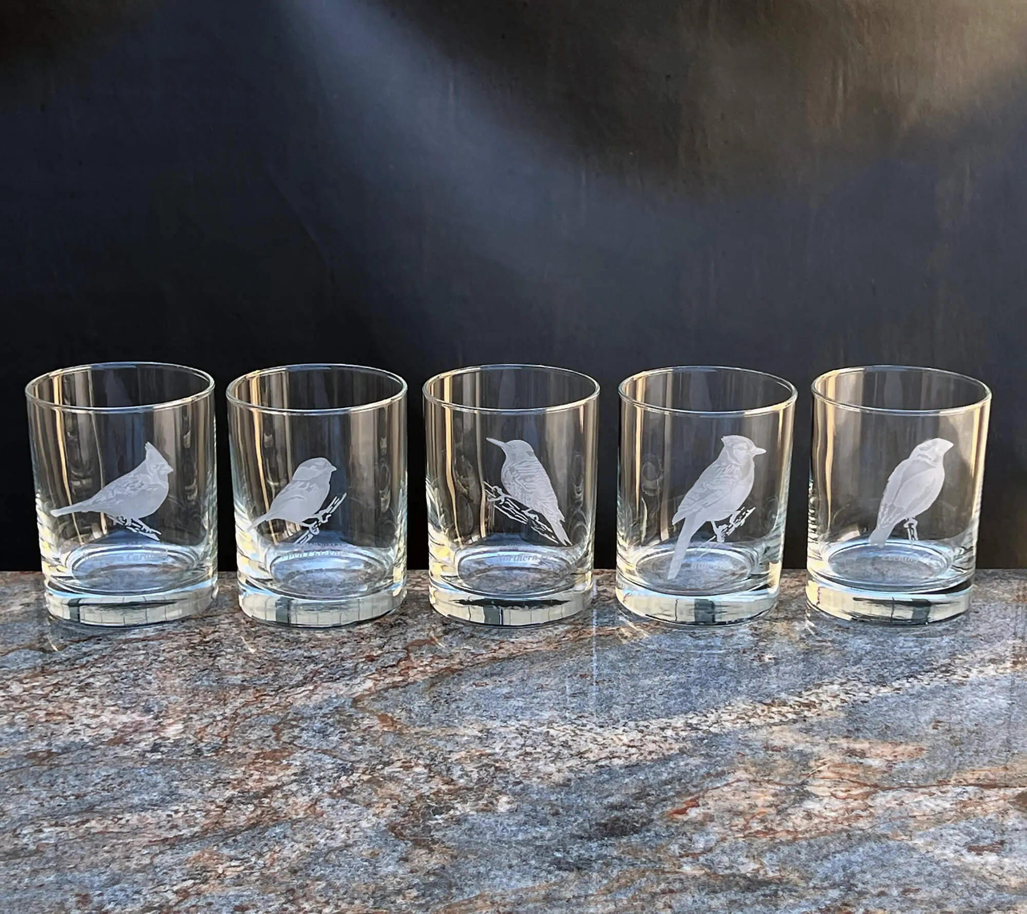 Etched Wild Bird Old-Fashioned Bar Glass Set