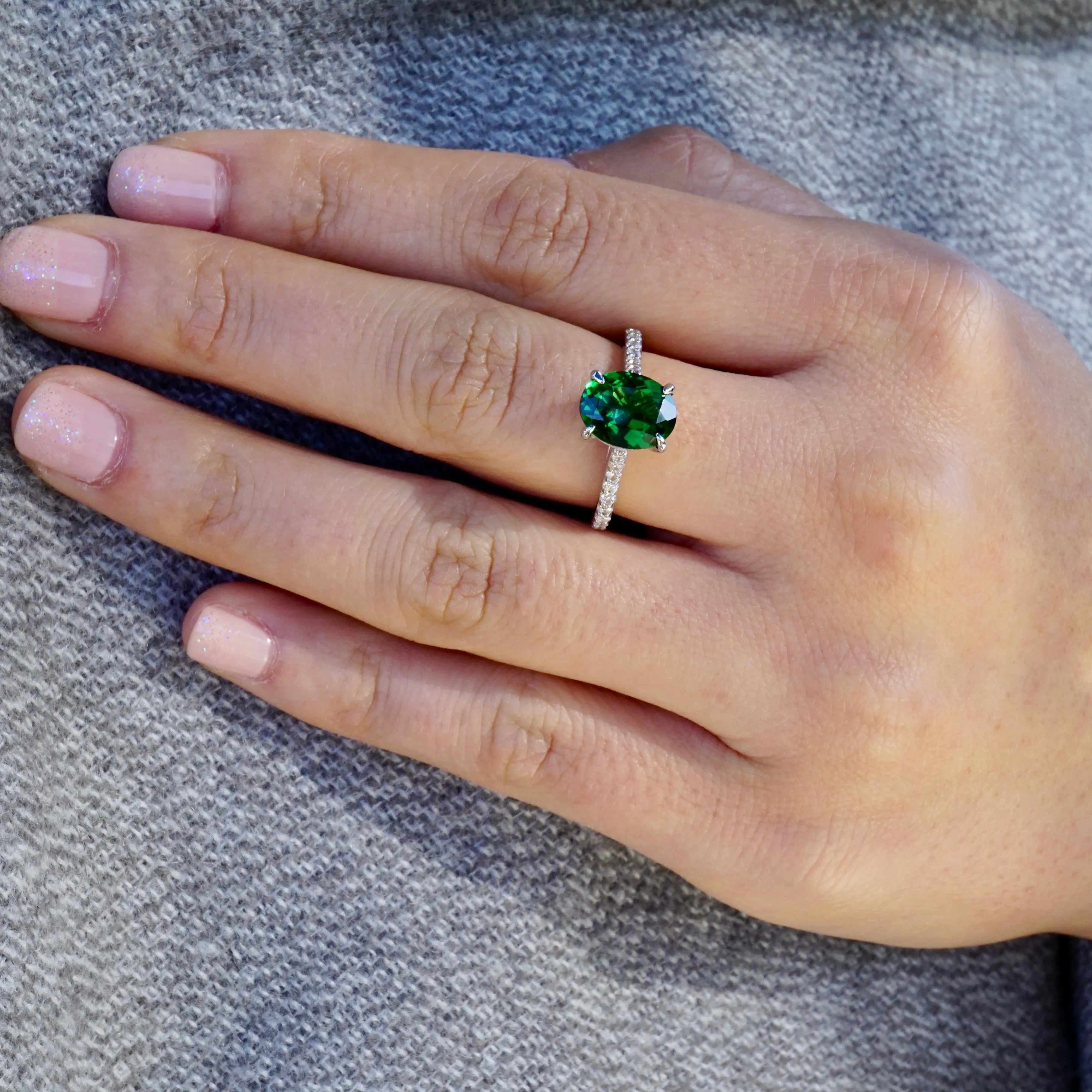 Green Chrome Tourmaline Engagement Ring - Oval Chrome Tourmaline Ring