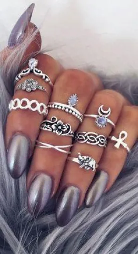 Gypsy Stacking Rings 10 Piece Set Silver White Iridescent Stones Boho Bohemian Every Finger Rings Ankh Elephant Waxing Moon Assorted Sizes