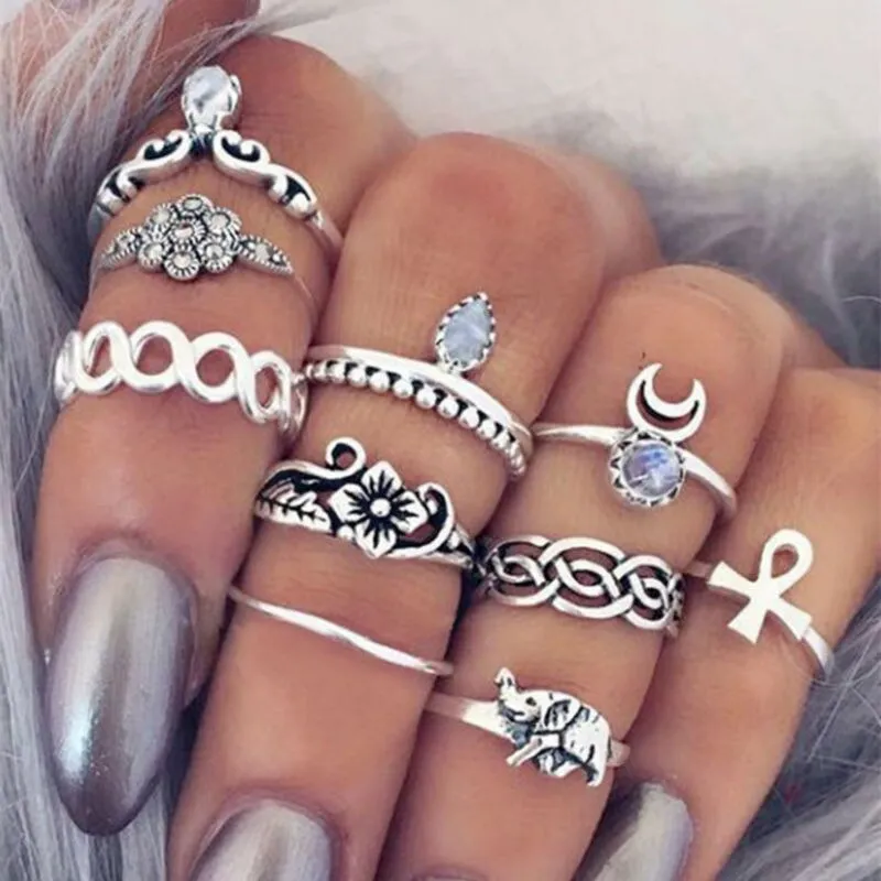 Gypsy Stacking Rings 10 Piece Set Silver White Iridescent Stones Boho Bohemian Every Finger Rings Ankh Elephant Waxing Moon Assorted Sizes