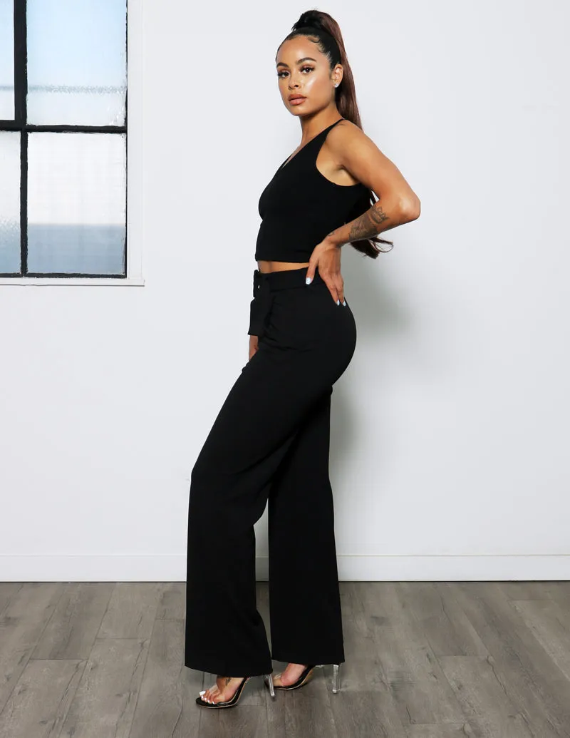 High Rise Slub Crepe Wide Leg with Self Belt