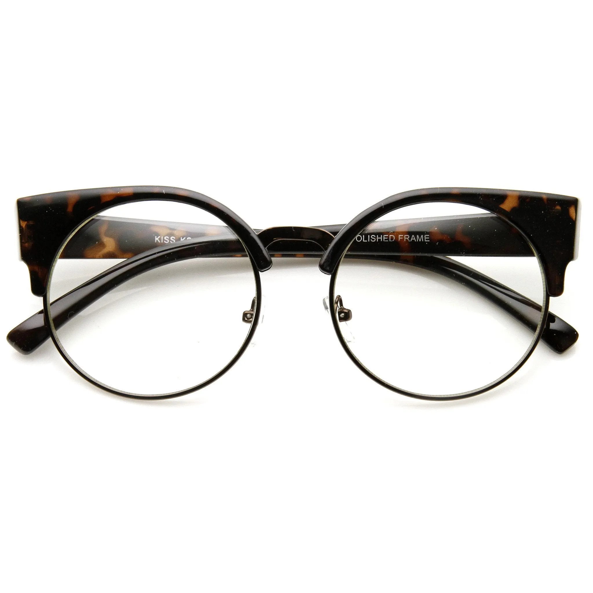 Indie Hipster Round Cat Eye Clear Lens Half Frame Glasses