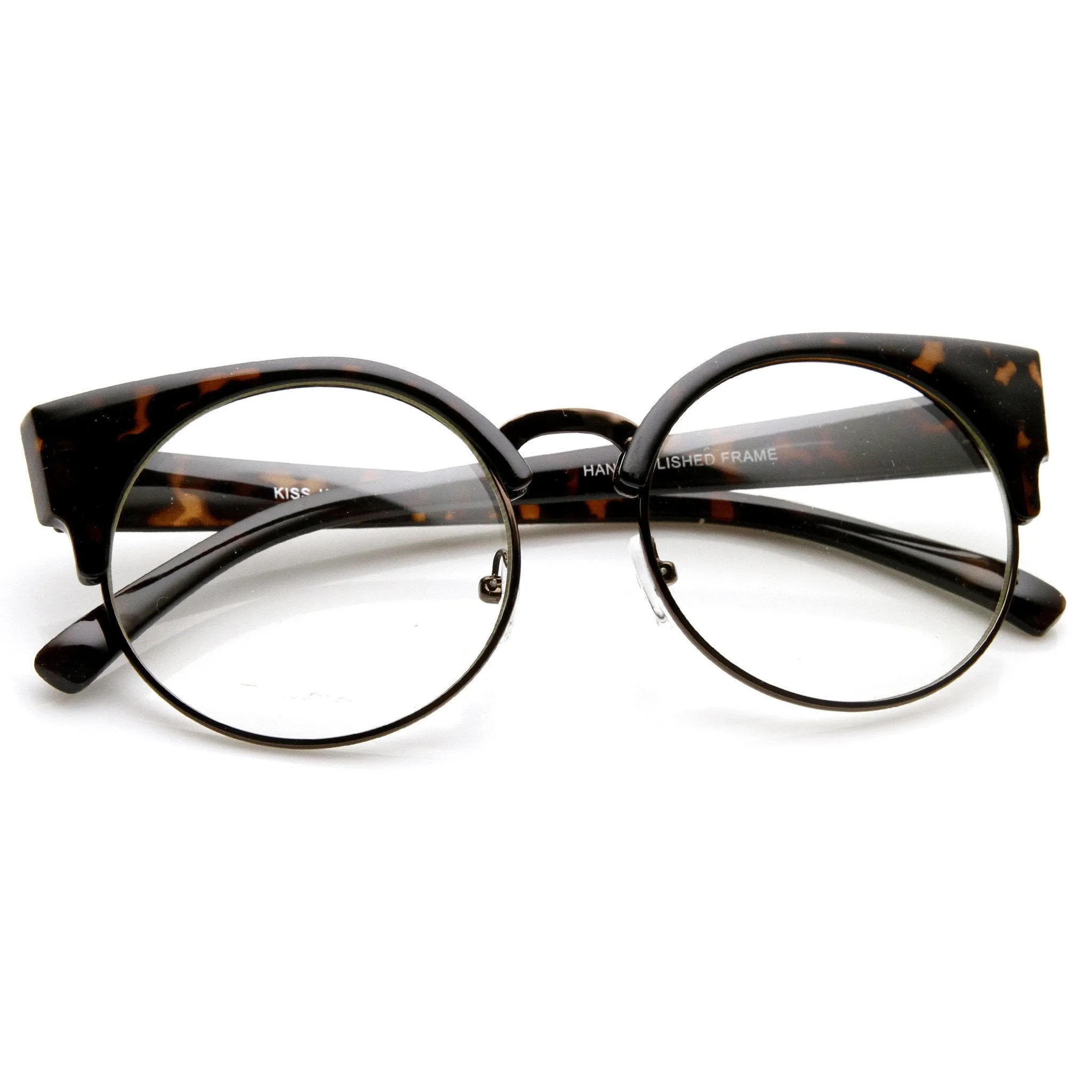 Indie Hipster Round Cat Eye Clear Lens Half Frame Glasses