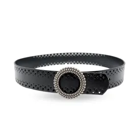 Iris - Women's Black Genuine Leather Belt with Round Silver buckle