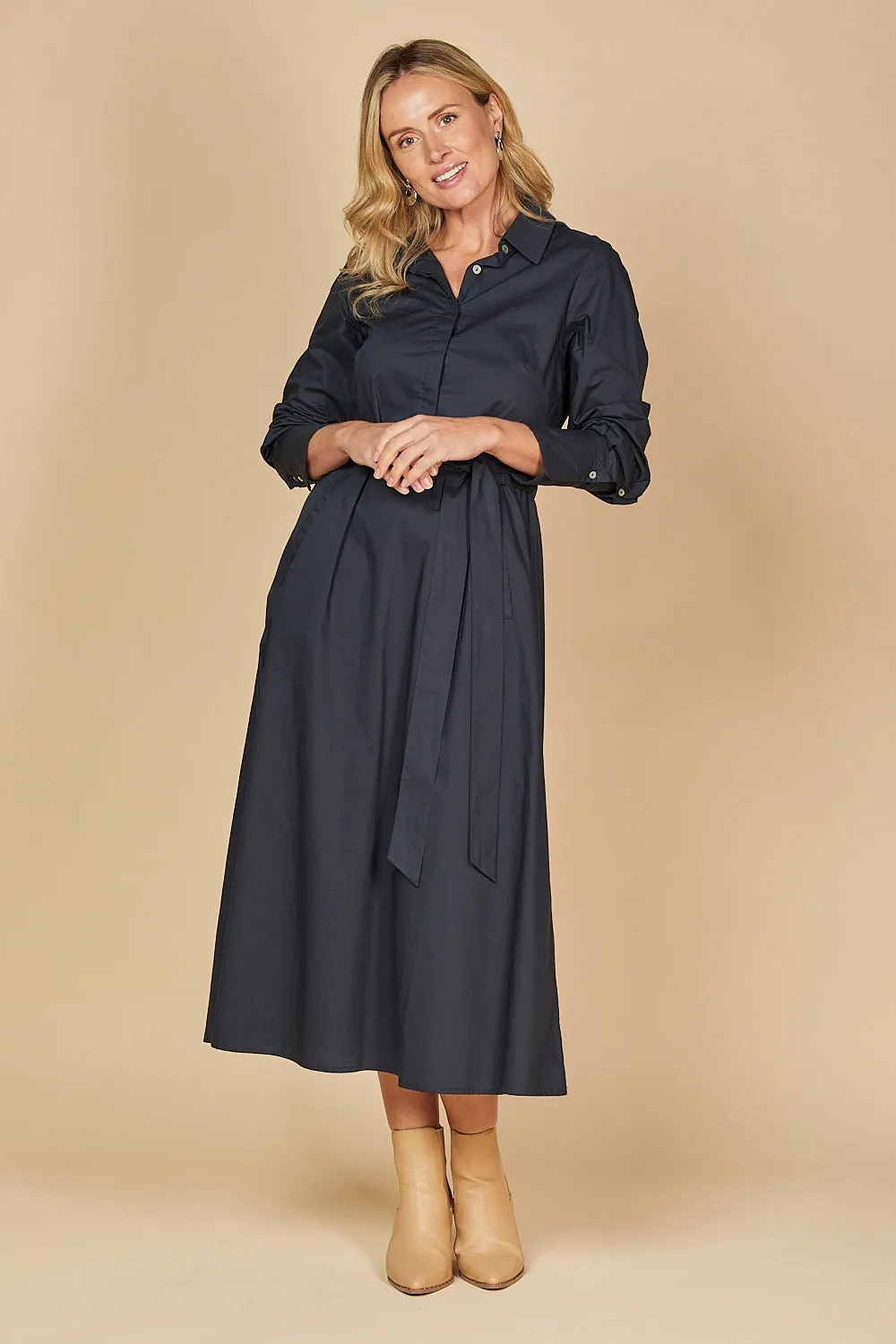 Kelly Poplin Dress in Navy