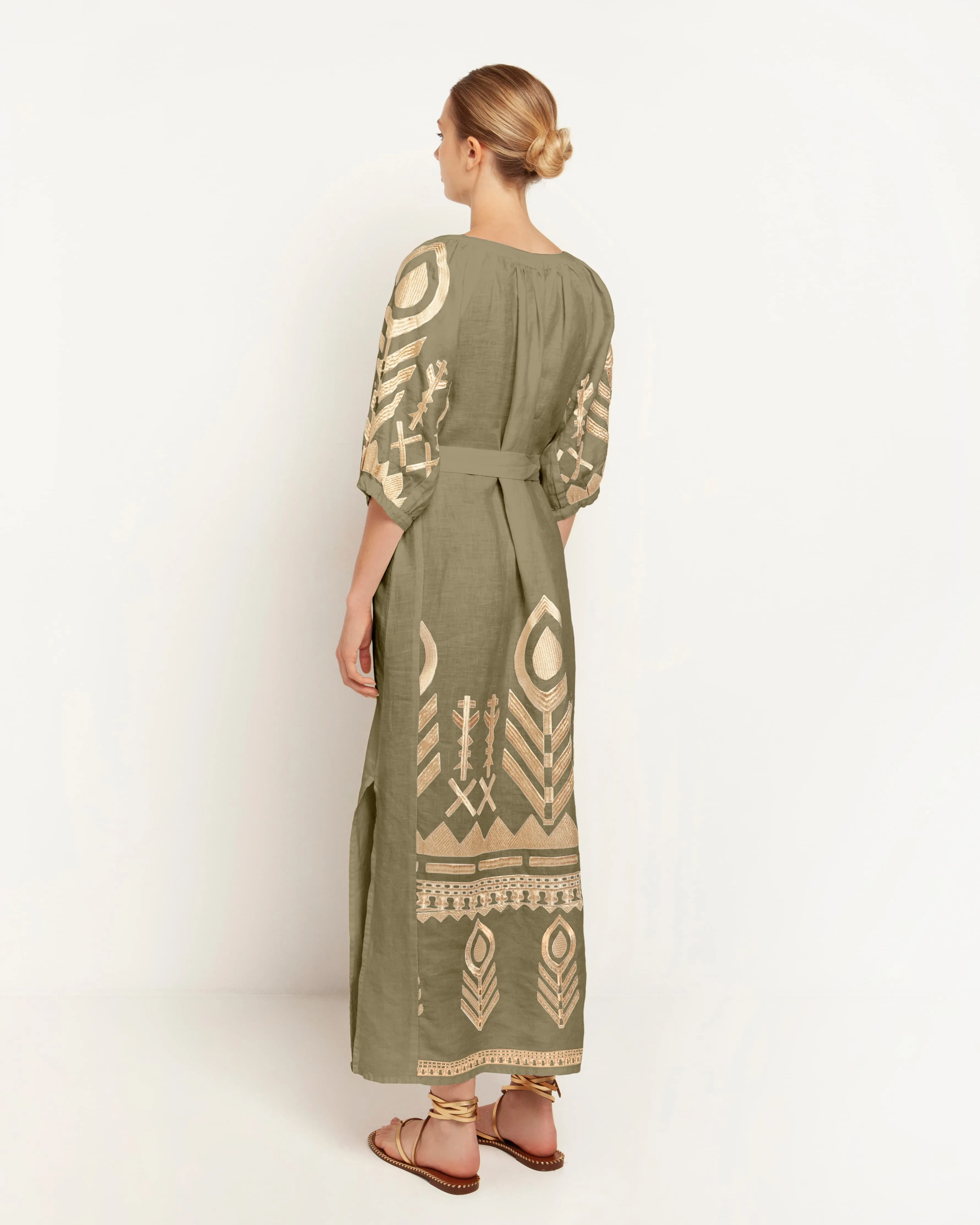 Kori Long Feather Belted Linen Dress | Tea & Gold