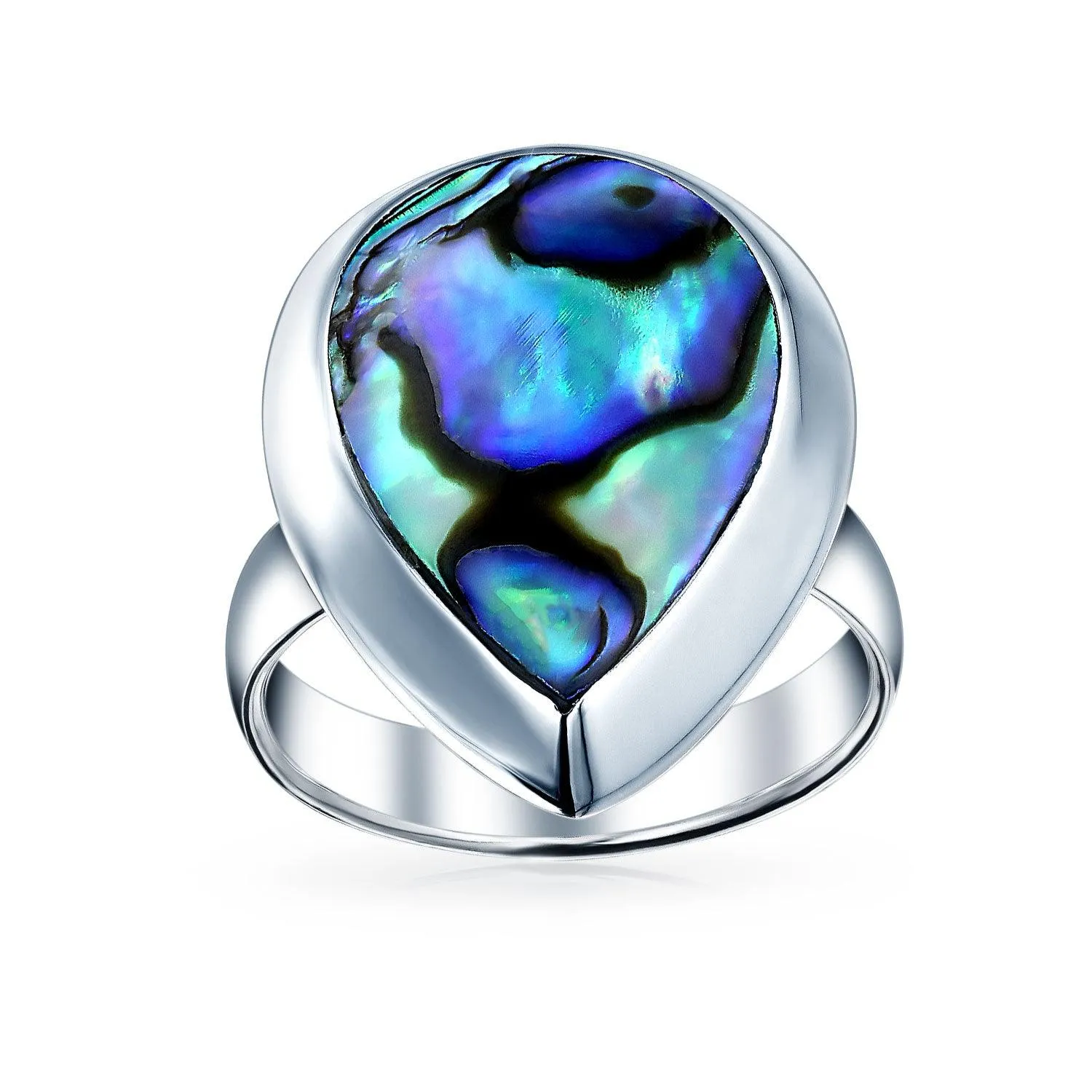 Large Teardrop Bezel Rainbow Shell Abalone Ring .925 Sterling Silver