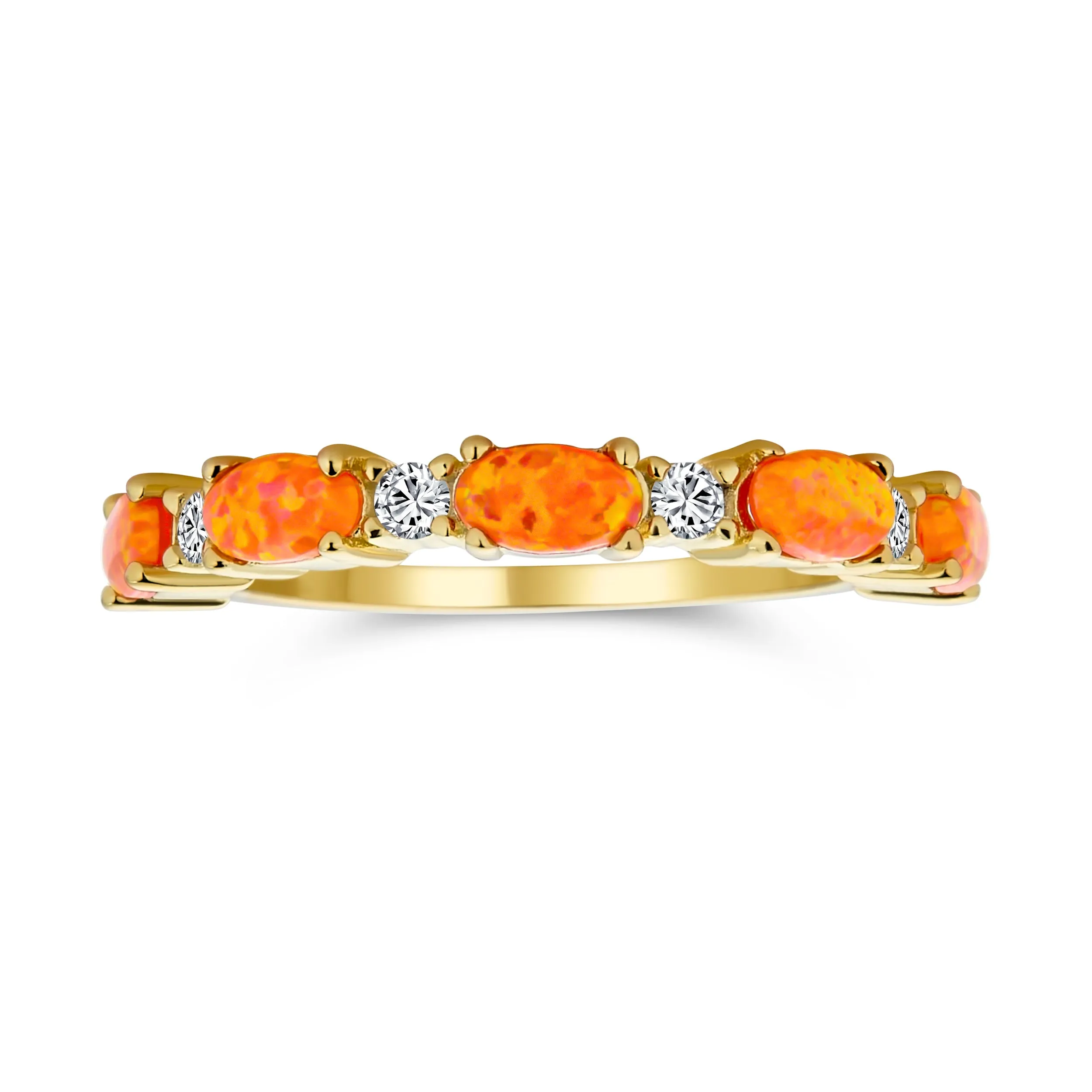 Leaf CZ Eternity Oval Orange White Pink Opal Band Ring Gold 925 Silver