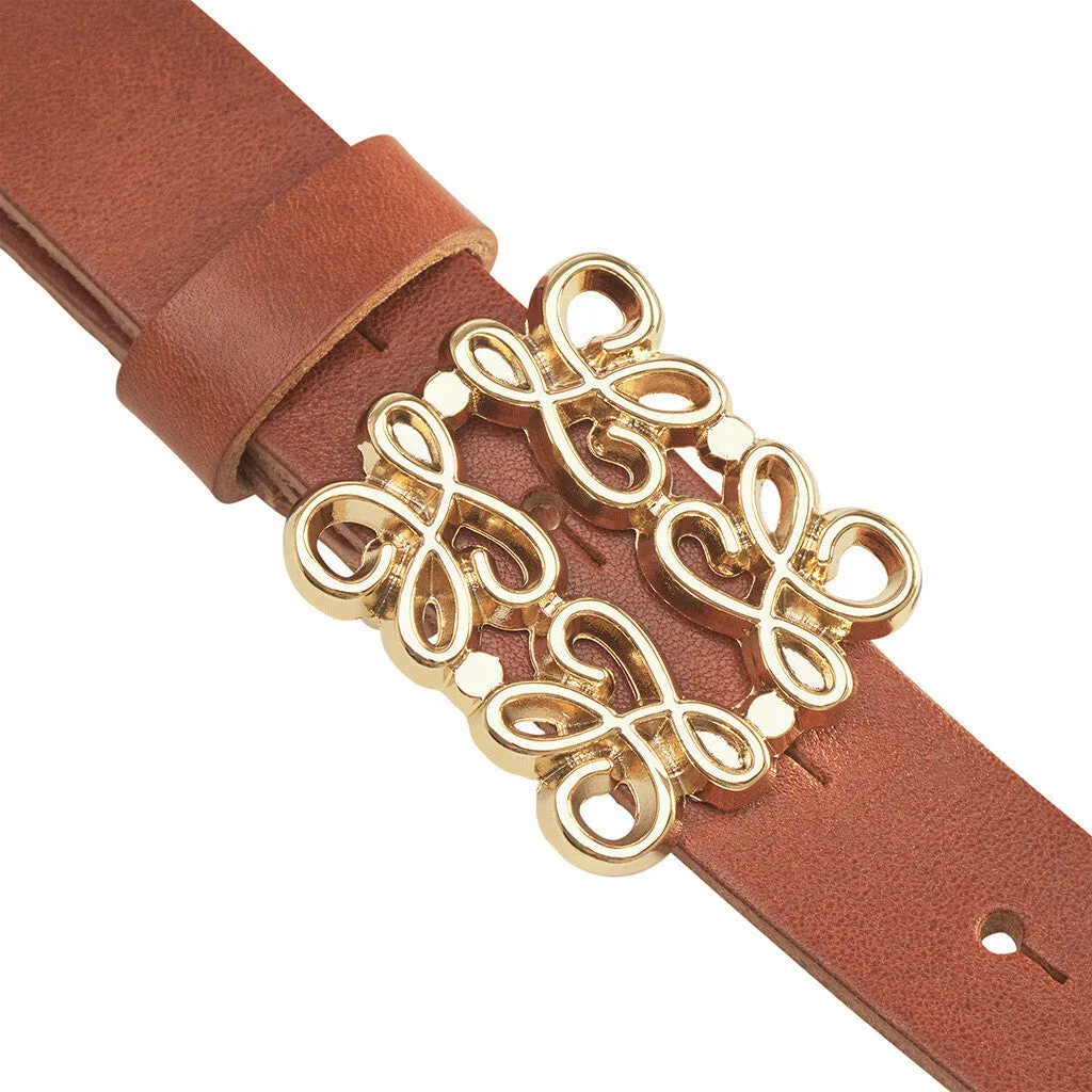 Leather belt with beautiful buckle / 15492 - Cognac