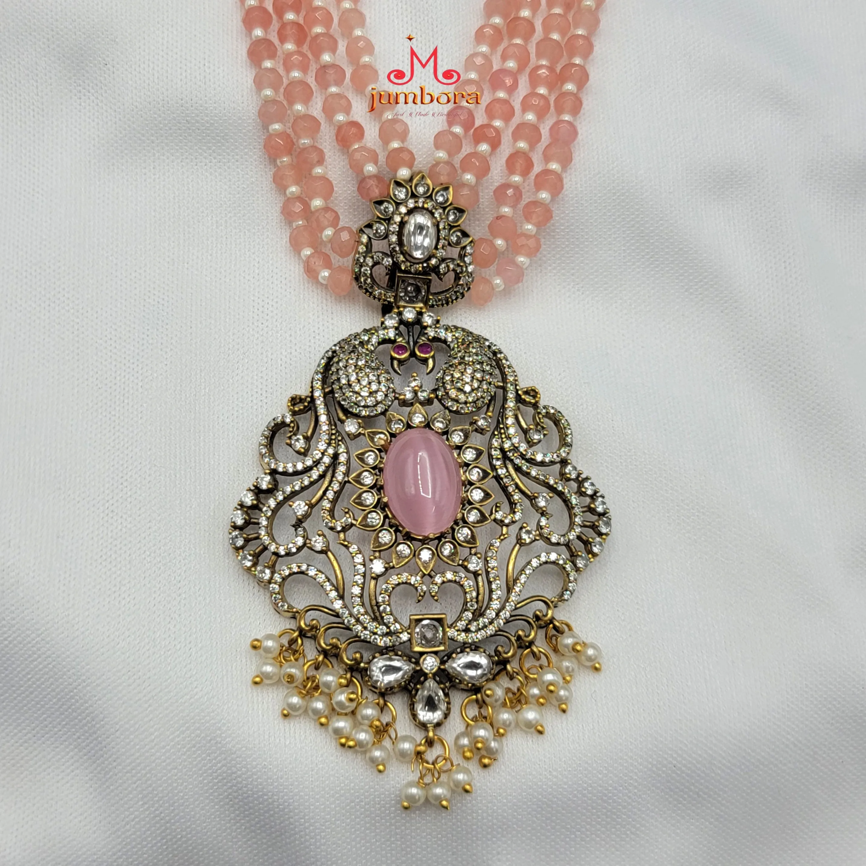 Long Pink Cat Eye & White AD Zircon Victorian Pendant with Peach Aventurine Stone Necklace Set