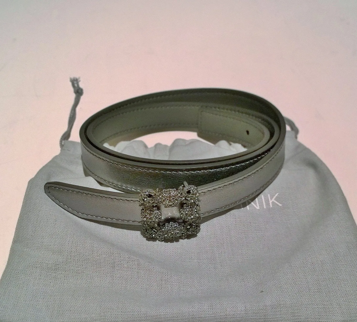 Manolo Blahnik Hangisi Leather Belt with Rhinestone Buckle in Metallic Dark Silver Pewter