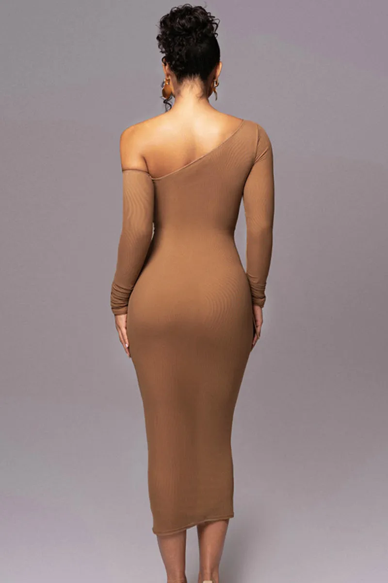 Mesh Ruched Maxi Bodycon Dress Long Sleeve