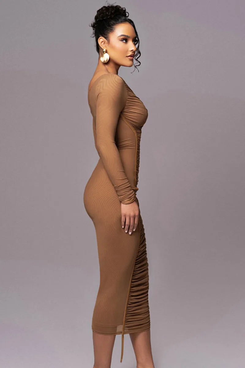 Mesh Ruched Maxi Bodycon Dress Long Sleeve