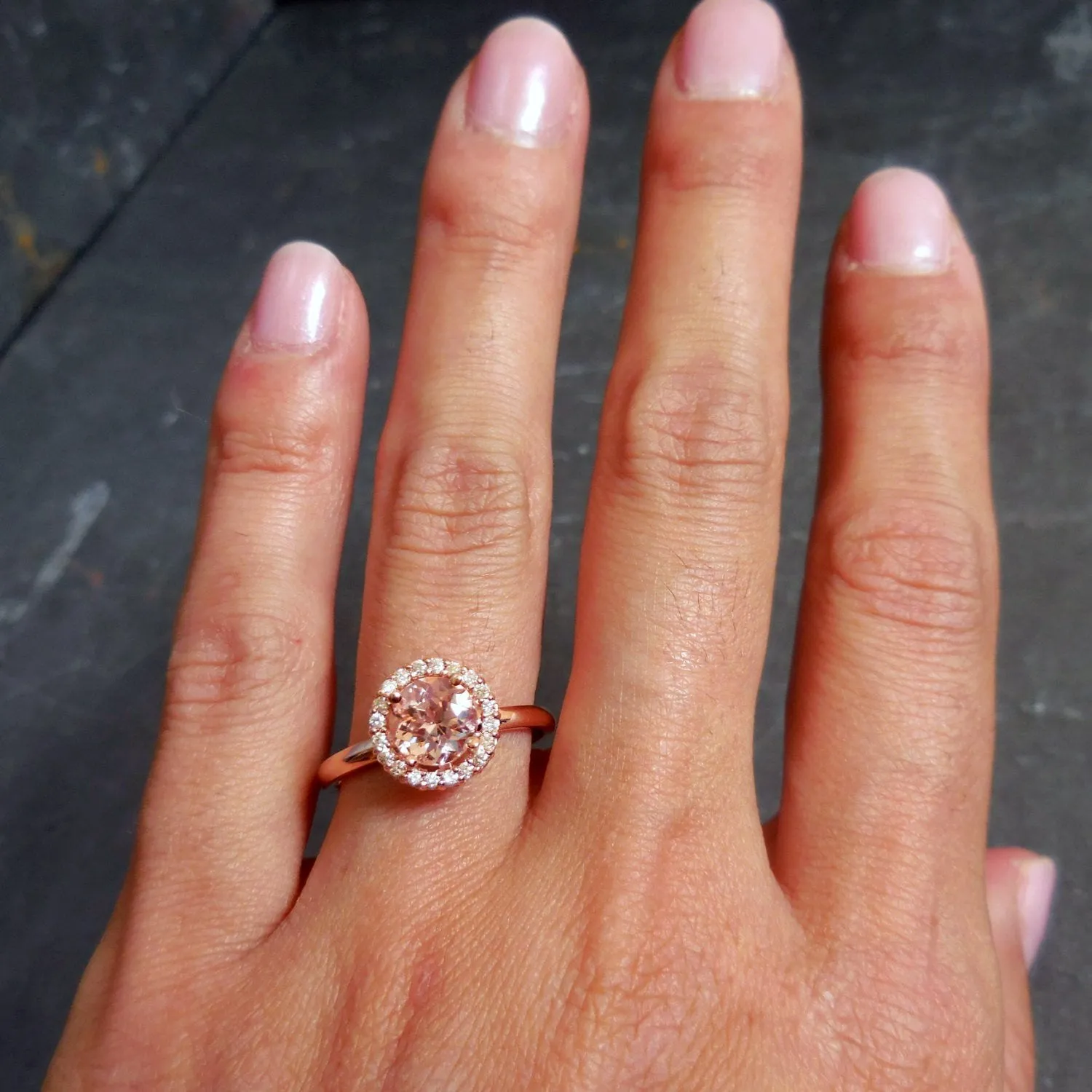 Morganite Diamond Halo Engagement Ring - Pink Engagement Ring for Women - Round Morganite Stone Ring