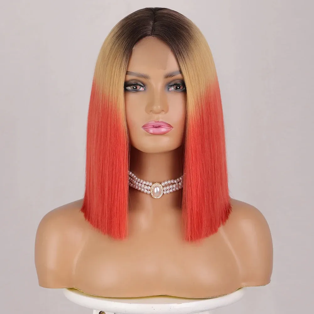 Ombre Red Bob Wig for Women Short Straight Middle Part Wigs Cosplay Party Synthetic Heat Resistant Fake Hair Shoulder Length Wig