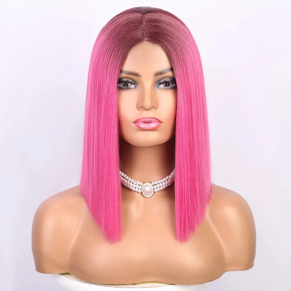 Ombre Red Bob Wig for Women Short Straight Middle Part Wigs Cosplay Party Synthetic Heat Resistant Fake Hair Shoulder Length Wig